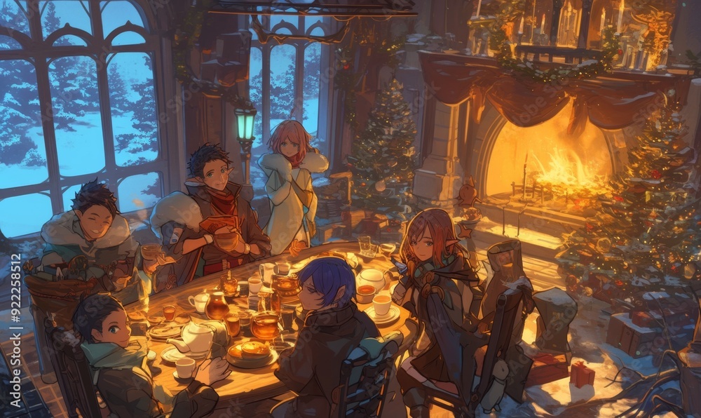 Naklejka premium Cozy Winter Gathering: Anime-Style 4K Illustration of Warm Indoor Scene. Family and Friends Enjoy Hot Tea and Toast by the Fireplace. Festive Holiday Atmosphere for Creative Marketing, Game Design, an