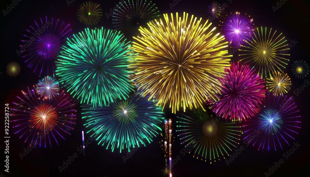 3D Realistic animation firework motion graphic on sky black background. Fire work celebrationin night composing element. Sprakle and glitter in air. New year festival and carnival festive firework set 3D Realistic animation firework motion graphic on sky black background. Fire work celebrationin night composing element. Sprakle and glitter in air. New year festival and carnival festive firework set