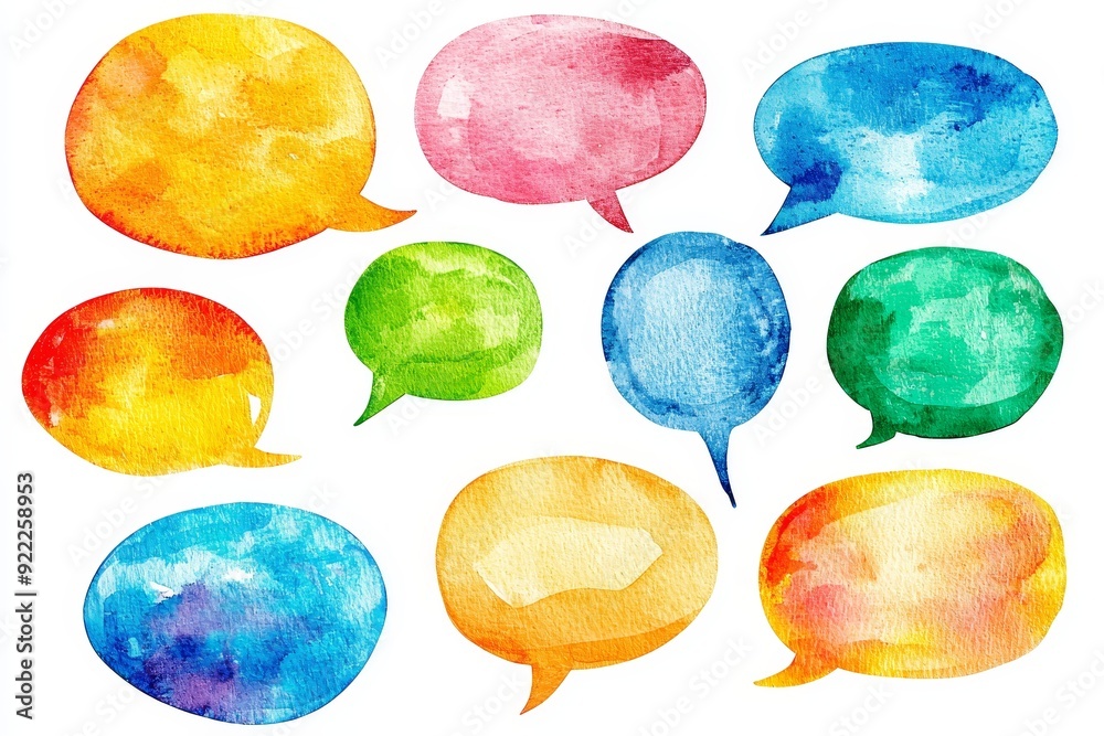 An isolated set of speech bubbles on a white background in the watercolor style. Idea of a network, social media, and messaging system. An isolated set of speech bubbles on a white background in the watercolor style. Idea of a network, social media, and messaging system.