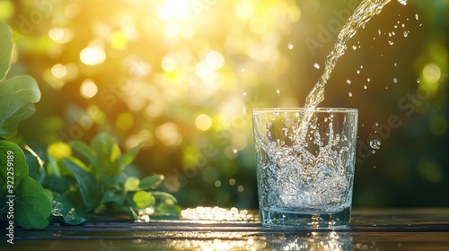 Pouring Fresh Water into a Glass with Sunlit Greenery in the Background. Fresh clean drinking water. AI generated image