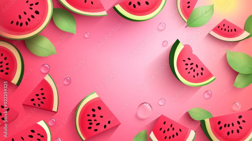 Watermelon Slices and Green Leaves on Pink Background Watermelon Slices and Green Leaves on Pink Background