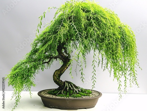 A centered bonsai tree with a weeping shape, showcased on a white background to emphasize its graceful and cascading branches