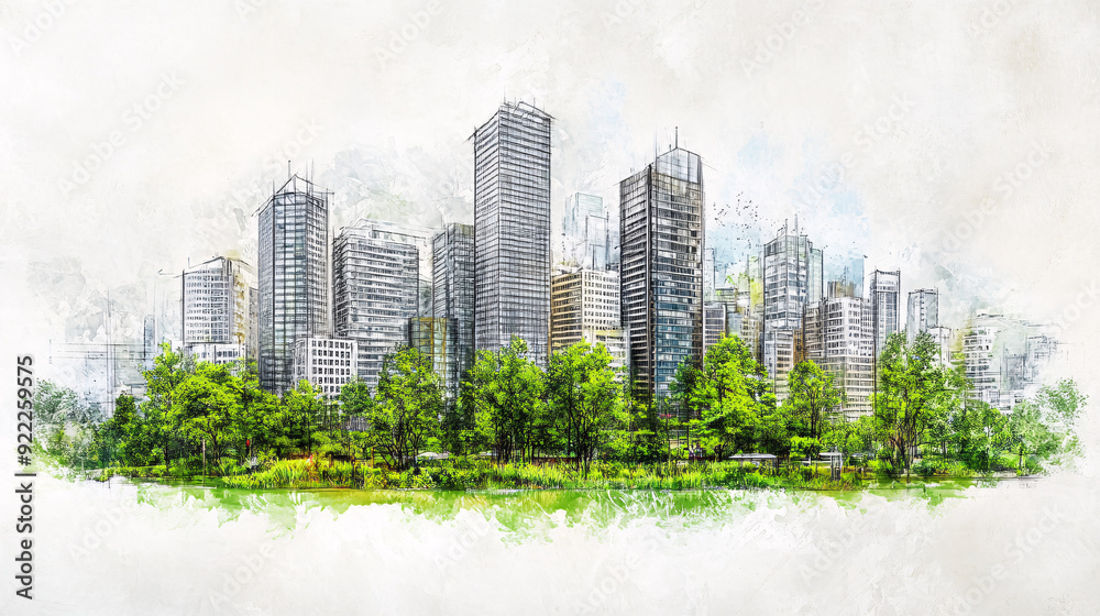 Obraz premium Eco-Friendly Cityscape: Urban Design Sketch with Sustainable Features like Rainwater Harvesting and Green Walls, Detailed Line Art Illustration with Copy Space
