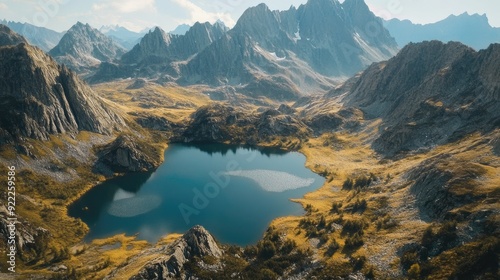 Aerial view of a serene mountain lake surrounded by peaks, with space for text in the upper part