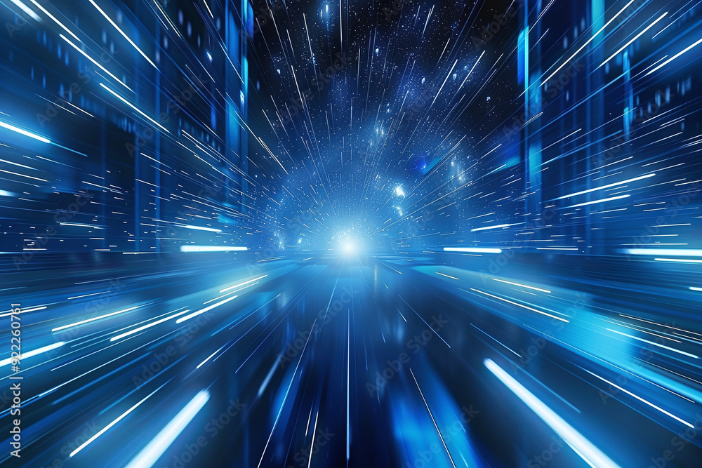 Obraz premium Abstract futuristic blue background with glowing lights and motion in infinite space, 3d render