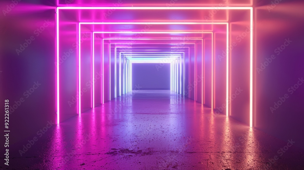 3D render, neon lights background. Simple geometric shape, blank rectangular banner 3D render, neon lights background. Simple geometric shape, blank rectangular banner