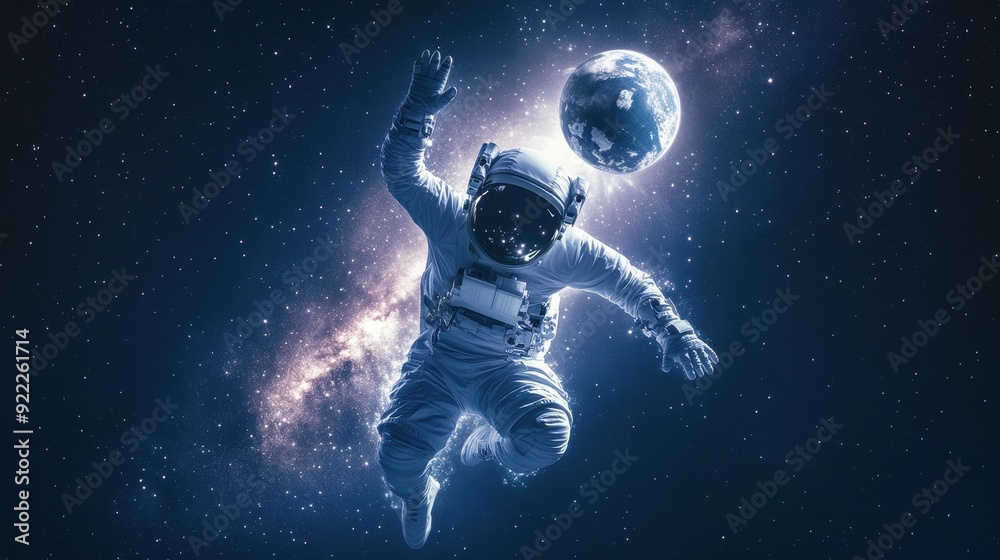 Astronaut performing a header the earth with the Milky Way in the background, powerful and surreal, galactic soccer action Astronaut performing a header the earth with the Milky Way in the background, powerful and surreal, galactic soccer action