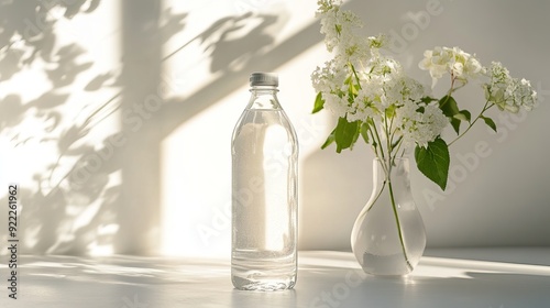 Minimalist Scene with a Water Bottle and Flowers in a Vase. Clean drinking water. AI generated image
