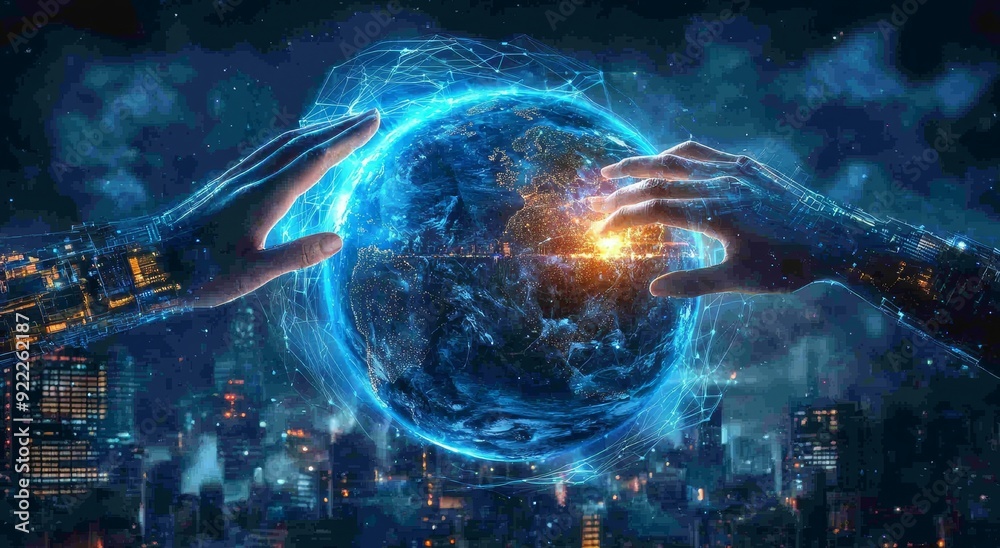 Animated robot hand and human hand touching digital world in dark 3D Animated robot hand and human hand touching digital world in dark 3D