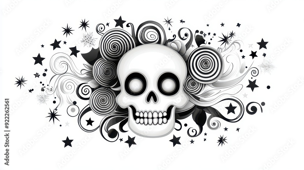 Fototapeta premium A striking black and white skull illustration surrounded by swirling patterns and stars, perfect for gothic art and designs.