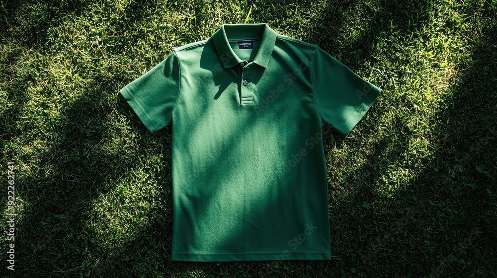 Stylish Green Polo Shirt on Grass: Perfect for Sporty Decor Posters, Showcasing Its Contrasting Collar and Sunlit Shadows for a Fresh Outdoor Vibe! Stylish Green Polo Shirt on Grass: Perfect for Sporty Decor Posters, Showcasing Its Contrasting Collar and Sunlit Shadows for a Fresh Outdoor Vibe!