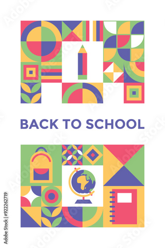 Modern geometric background. Back to school vertical banner. Mosaic set of icons in minimalist style. Poster, banner, card template in trendy style