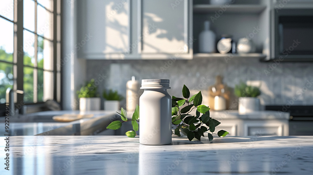 A white pill bottle sits on a marble countertop in a modern kitchen, with a sprig of green leaves beside it. A white pill bottle sits on a marble countertop in a modern kitchen, with a sprig of green leaves beside it.