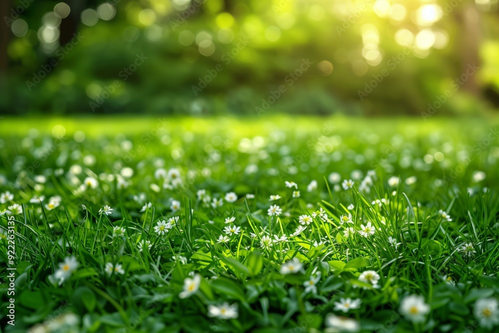 Close up of green grass with little white flowers, blurred garden background Close up of green grass with little white flowers, blurred garden background