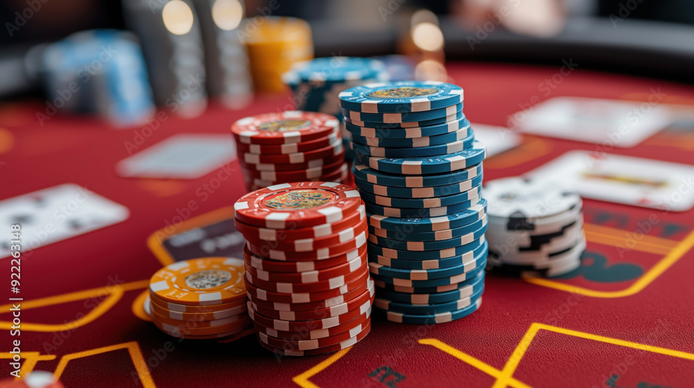 Stacks of colorful poker chips and playing cards on a red casino table, symbolizing gambling and casino gaming. Stacks of colorful poker chips and playing cards on a red casino table, symbolizing gambling and casino gaming.