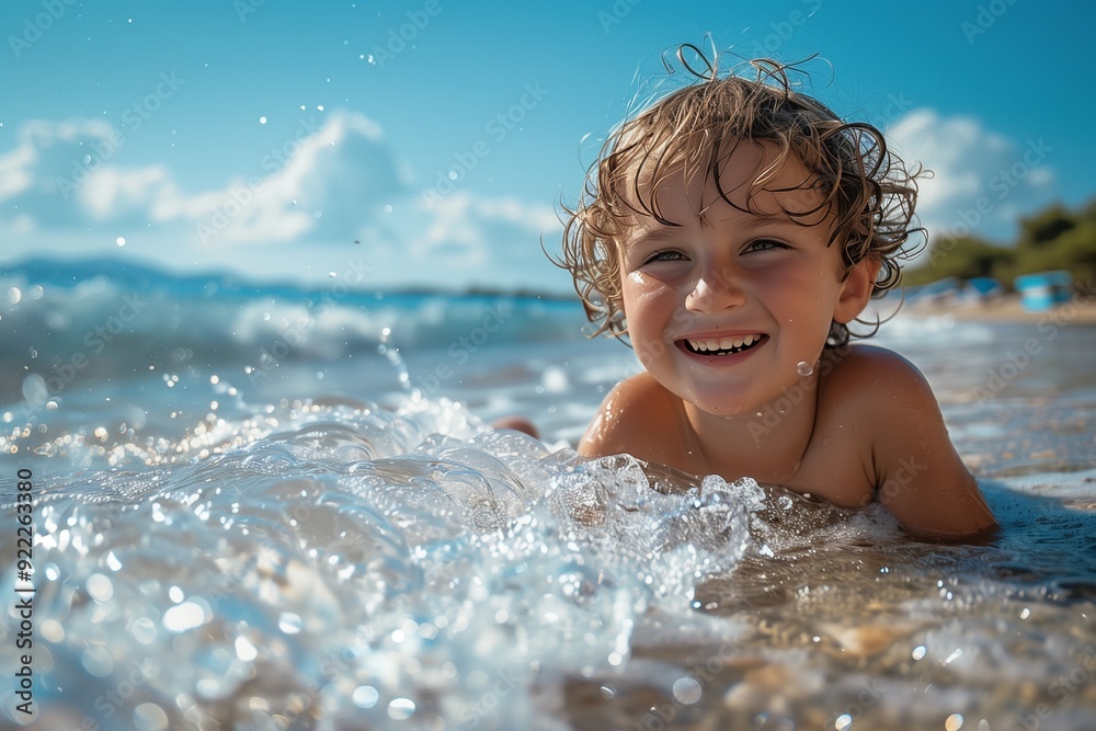 Obraz premium A child lies on the beach smiling happily, playing with the waves that crash on the shore