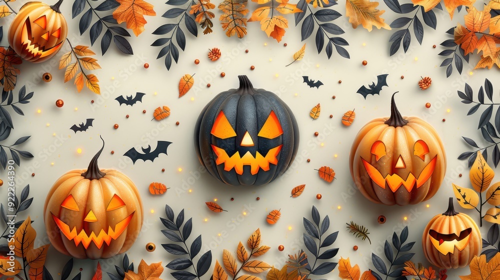 Halloween Pumpkins with Autumn Leaves and Bats Halloween Pumpkins with Autumn Leaves and Bats