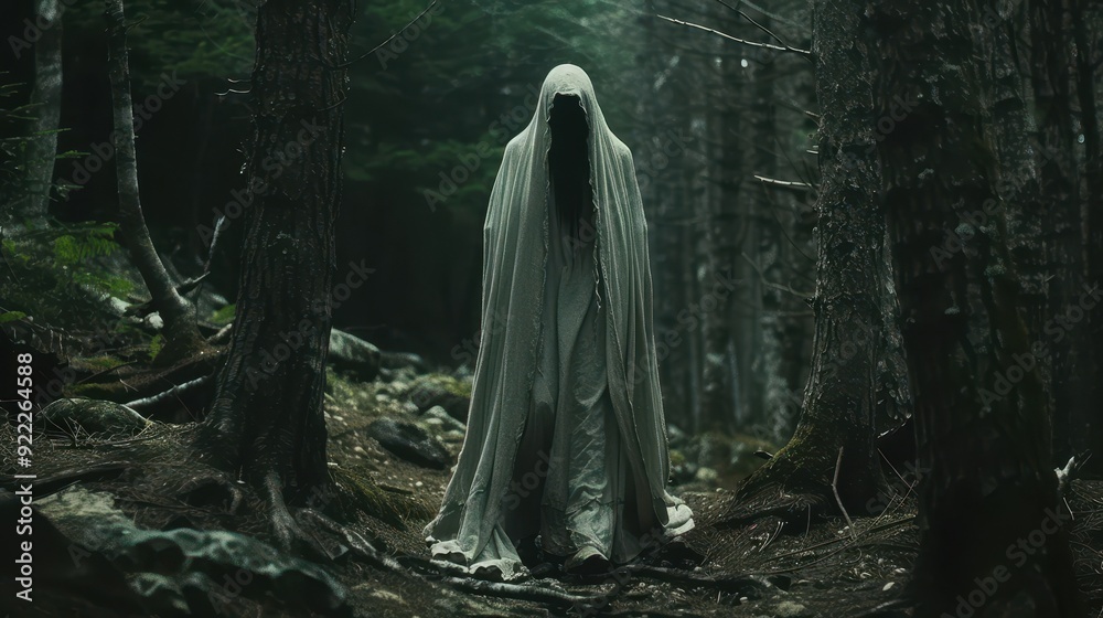A hooded figure walking through a dark forest A hooded figure walking through a dark forest