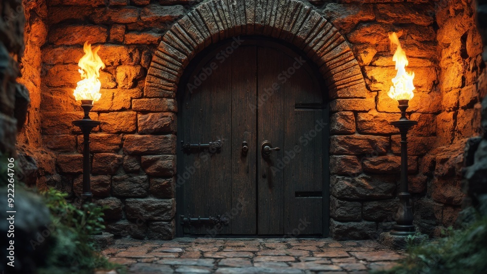 Dungeon Door with Torches Illuminating Stone Walls