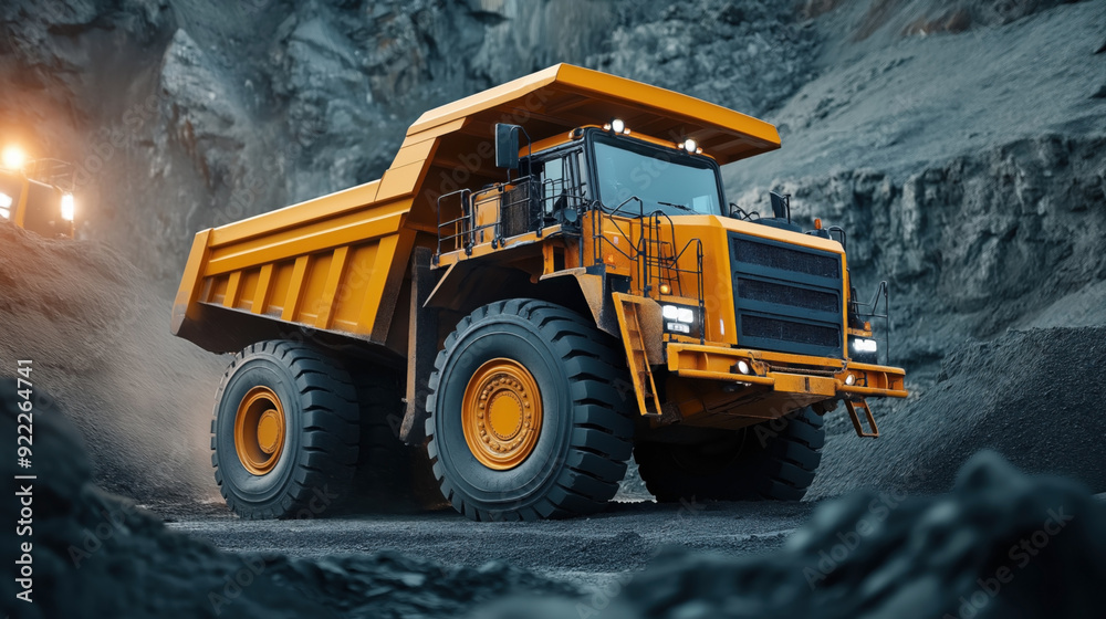 Large yellow dump truck in a quarry or construction site, loaded with gravel. Industrial environment with rugged rocky terrain.