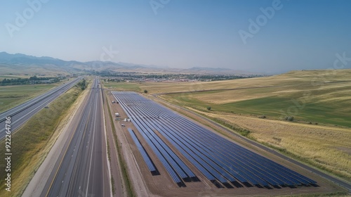 Overhead view of a solar farm next to a highway, with clear sky for text placement.