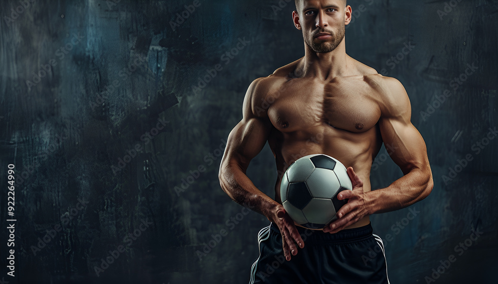 Obraz premium Strong muscular soccer player with a soccer ball in his hands on dark background, copy space for text