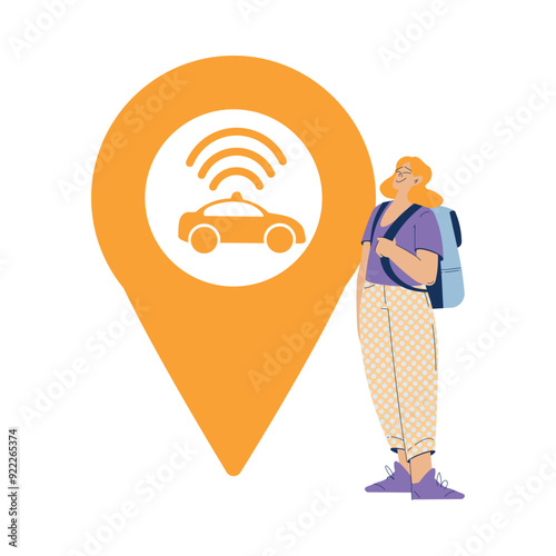 Woman with Backpack Travel Use Taxi Electric Car Transport Rent and Sharing Service Vector Illustration