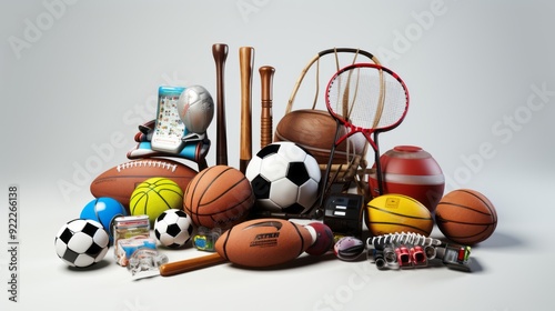 High-quality isolated sports equipment collection: comprehensive array of professional gear including basketball, soccer ball, tennis racket, and baseball glove, perfect for sports enthusiasts and ath