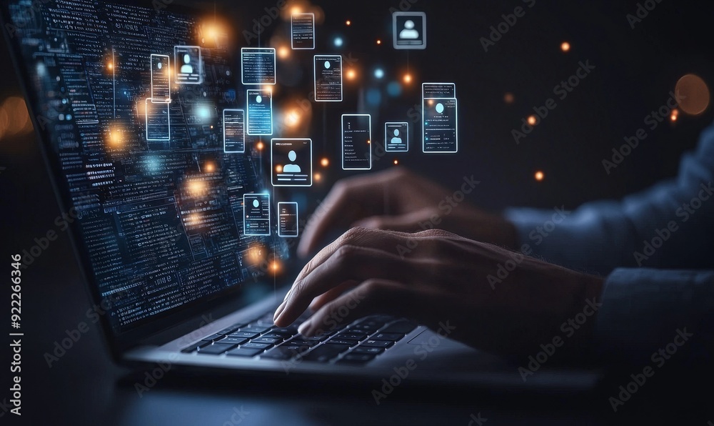 Human resources manager checks employee CVs online; choosing the right employee for his business is made easier by modern technologies. HR(human resources) technology. Human resources manager checks employee CVs online; choosing the right employee for his business is made easier by modern technologies. HR(human resources) technology.