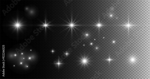 Set of different shapes glowing stars isolated on transparent background. Сrystal star and glare set. Optical light effect, reflection effect, sparkle shine. Glowing star lights effect.