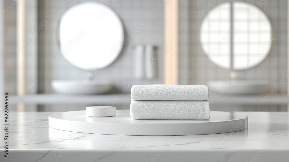 A white towel is displayed on a white tray in a bathroom A white towel is displayed on a white tray in a bathroom