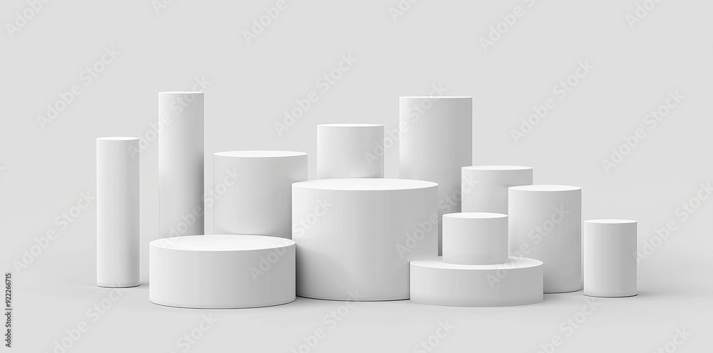 A modern set of realistic isolated podium platforms on a white background for product placement and display. A modern set of realistic isolated podium platforms on a white background for product placement and display.