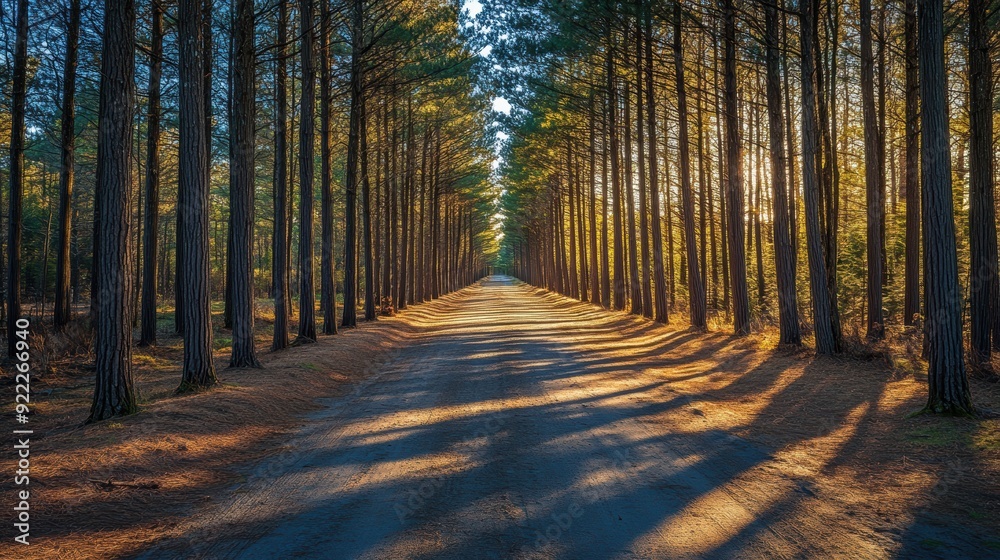 Fototapeta premium A road with trees on either side and a sun shining on it
