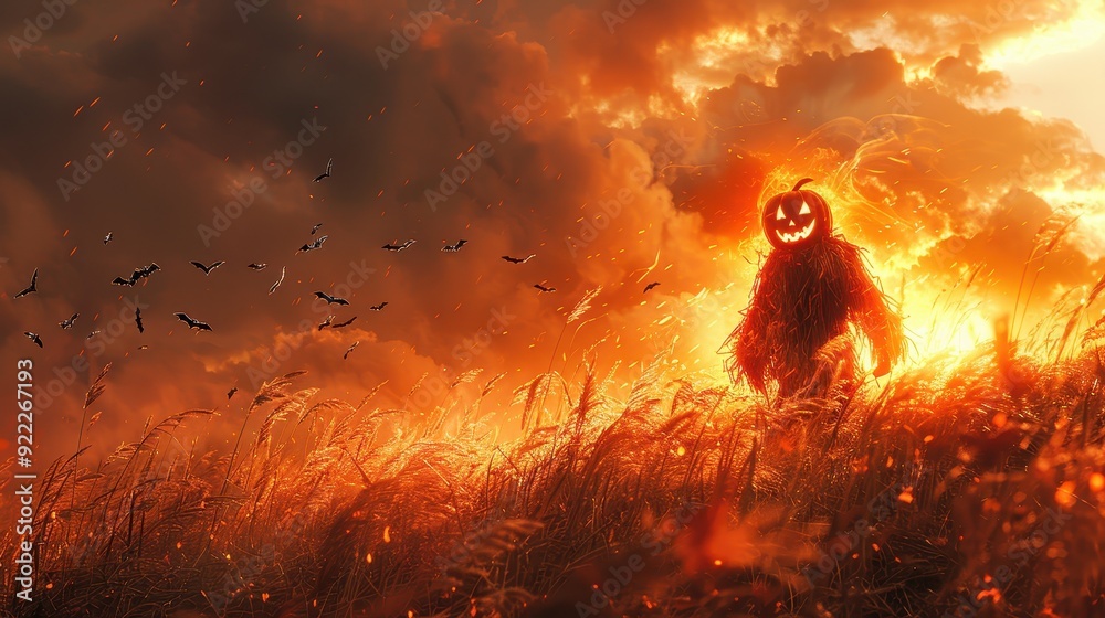 A Fiery Pumpkin Scarecrow with Bats in a Blazing Field A Fiery Pumpkin Scarecrow with Bats in a Blazing Field