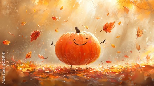 Cheerful pumpkin character surrounded by autumn leaves in a warm, colorful landscape, perfect for fall themed designs. photo