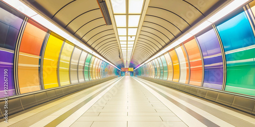 Moderne U-Bahn-Station mit auffälligem Farbschema. Leuchtende Wände in kräftigen Primärfarben kontrastieren mit glänzenden Oberflächen und klaren Linien photo