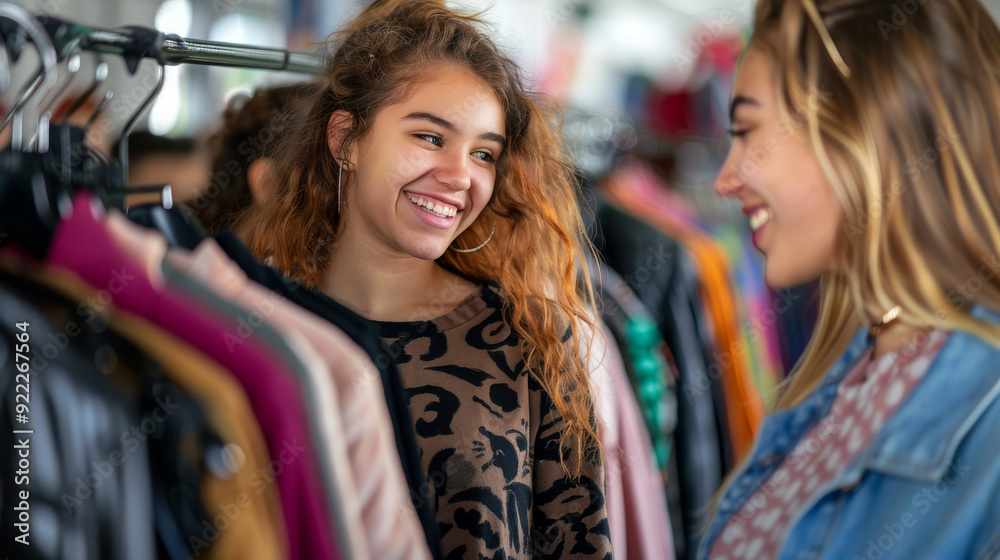 Happy Young Multiracial Women Shopping in a Trendy Secondhand Clothing Store - Fashion and Retail Concept. Generative ai Happy Young Multiracial Women Shopping in a Trendy Secondhand Clothing Store - Fashion and Retail Concept. Generative ai