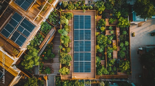 Top-down shot of solar panels on an urban rooftop garden, with clear space in the sky for copy.