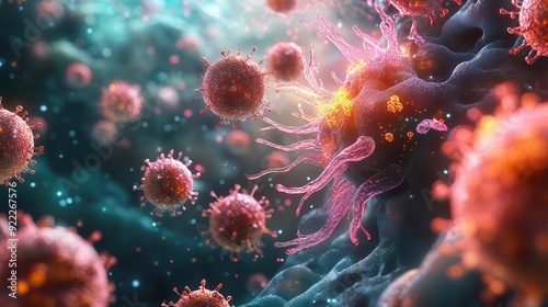 A vibrant medical illustration shows a 3D microscopic view of infected cellular structures, with pathogens visibly interacting with cells in high detail.