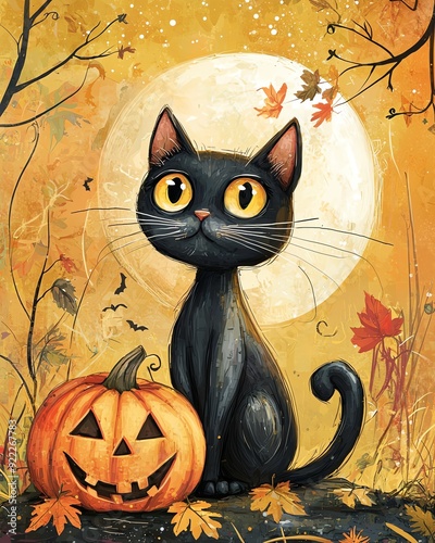 A charming black cat sits beside a carved pumpkin under a full moon, surrounded by autumn leaves in this whimsical Halloween illustration.