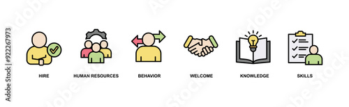 Onboarding banner web icon vector illustration concept for human resources business industry to introduce newly hired employee into an organization with behavior, welcome, knowledge, and skills icon