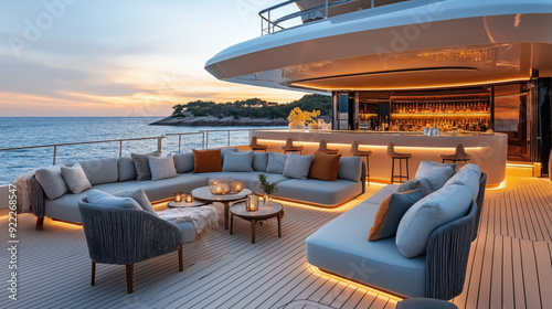 Luxury yacht deck at sunset with modern furniture, ambient lighting, comfortable sofas, and a fully stocked bar overlooking the ocean.