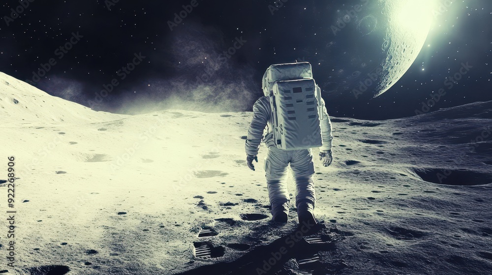Astronaut walking across the moon's rugged terrain, footprints in the dust, epic space journey Astronaut walking across the moon's rugged terrain, footprints in the dust, epic space journey