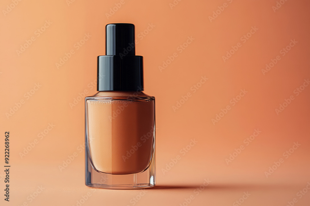 A bottle of mineral-based foundation makeup, set against a pastel peach background, A bottle of mineral-based foundation makeup, set against a pastel peach background,