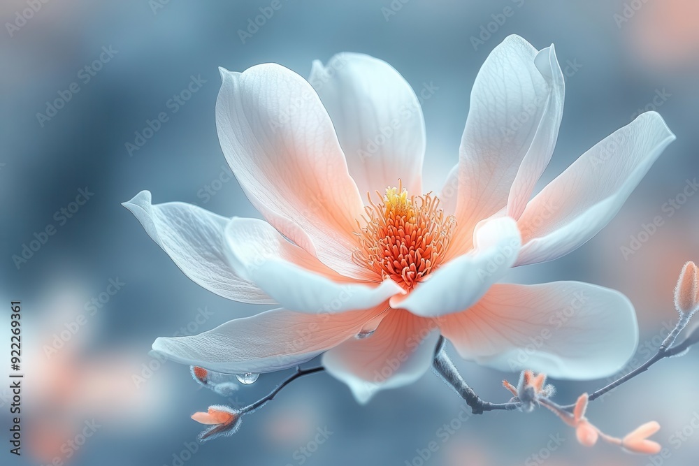 Fototapeta premium ethereal magnolia blossom extreme closeup of a single flower with delicate petals soft focus background creating a dreamy luminous atmosphere
