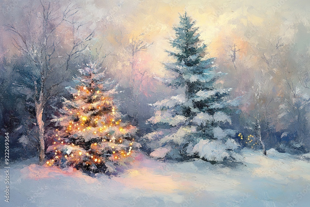 Winter landscape with lit Christmas tree and snow