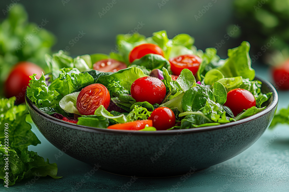 A healthy salad in a bowl, isolated on a pastel green background, A healthy salad in a bowl, isolated on a pastel green background,