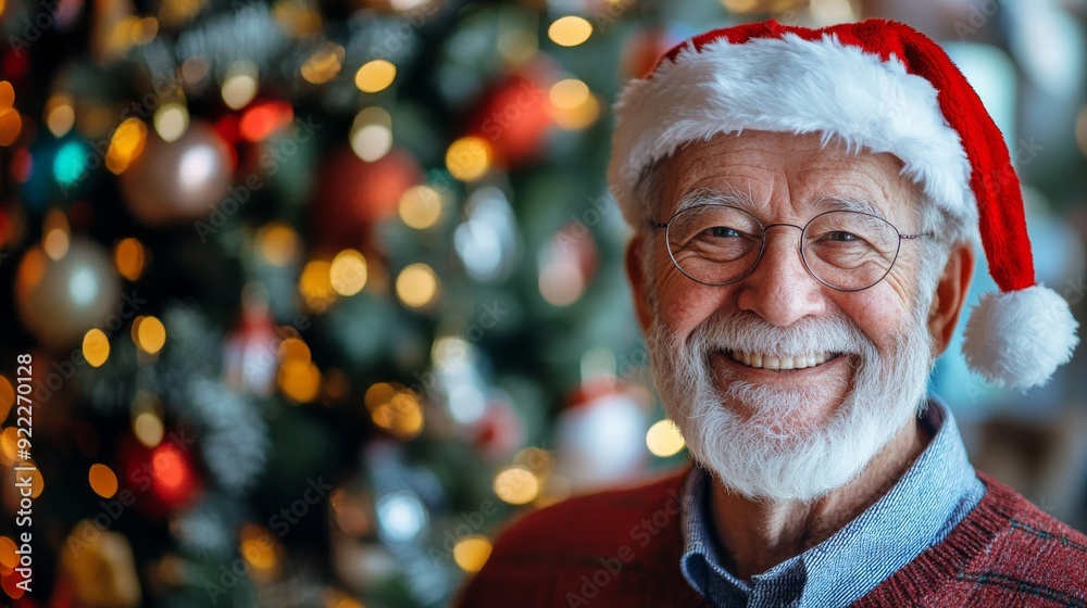 Happy senior man wearing santa hat smiling with christmas tree in background Happy senior man wearing santa hat smiling with christmas tree in background