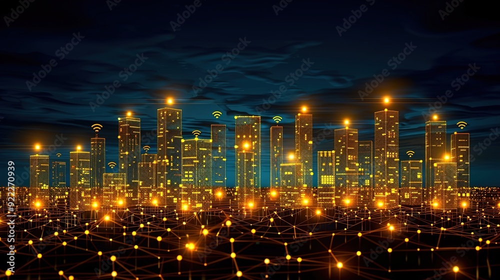 Fototapeta premium Wi-Fi smart city or network. Low poly wireframe. Building automation with computer board 