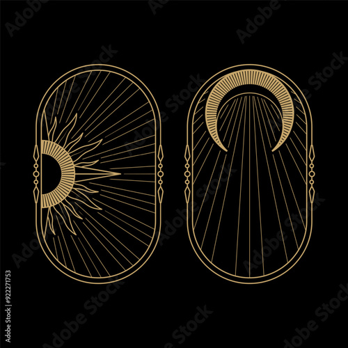 mysterious golden magical sun and moon in frame logo vector design